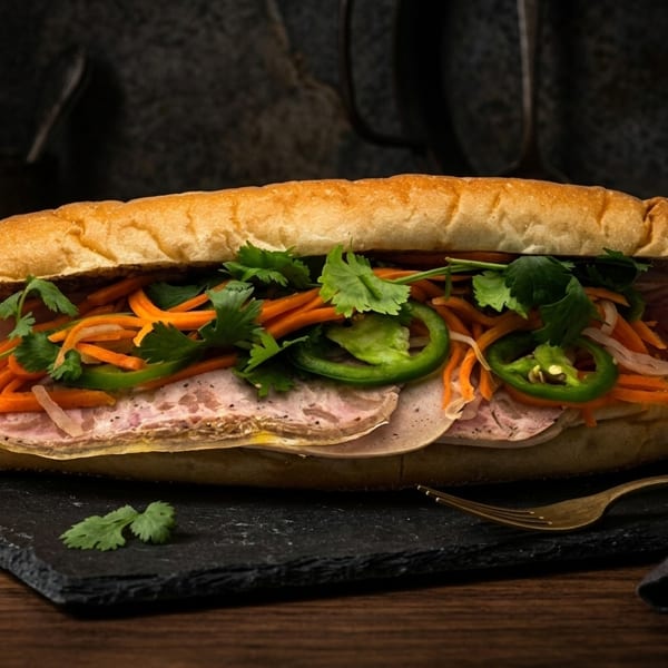 A Vietnamese Banh Mi sandwich with meat, pickled carrots, cilantro, and jalapenos on a dark slate.