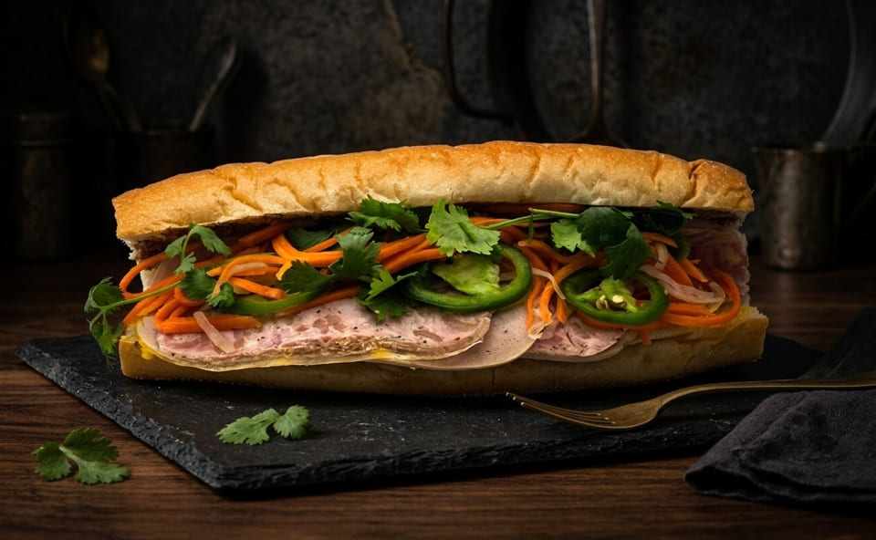Banh mi sandwich filled with meat, pickled carrots, cilantro, and sliced jalapeños on a slate board.