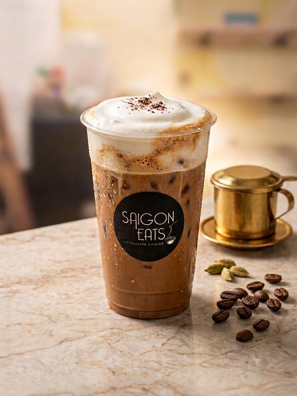 Iced Saigon Eats Vietnamese coffee with foam and coffee beans on a marble counter.