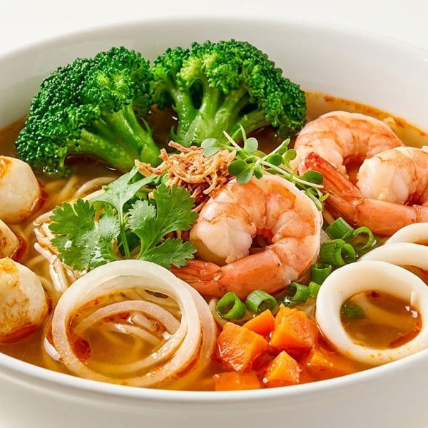Spicy seafood noodle soup with shrimp, squid, fish balls, broccoli, and herbs in a white bowl.