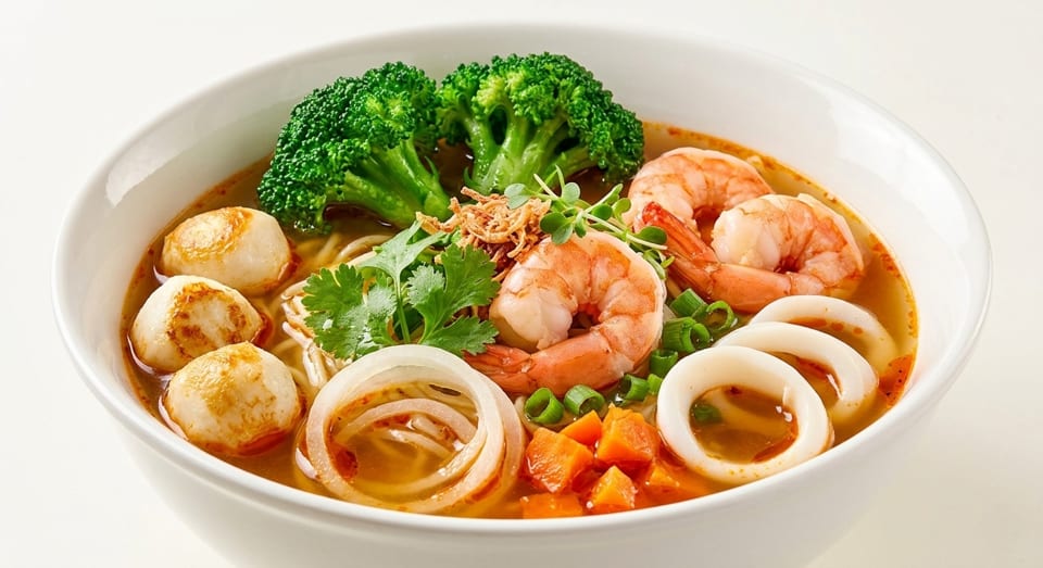 Spicy seafood noodle soup with shrimp, squid, fish balls, broccoli, and herbs in a white bowl.