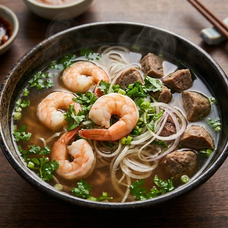 Steaming bowl of pho with shrimp, beef, noodles, and herbs, alongside lime and chili sauce.