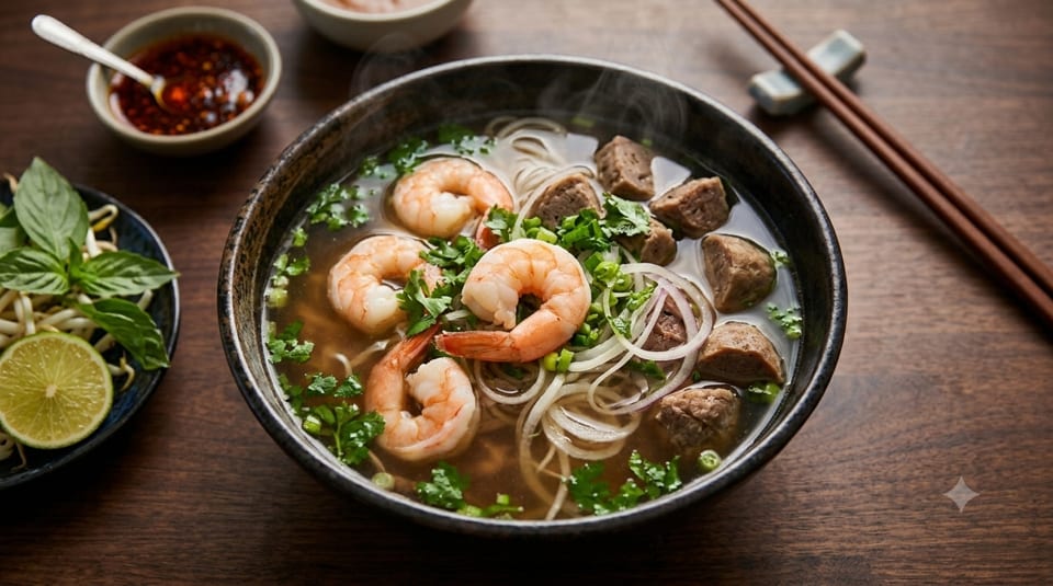 Steaming bowl of pho with shrimp, beef, noodles, and herbs, with lime and chili sauce.