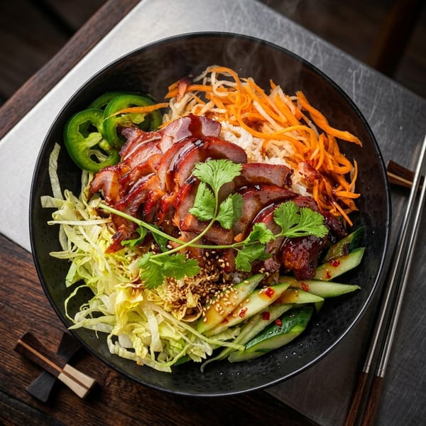 Steaming bowl of char siu pork with rice, shredded carrots, cabbage, cucumbers, and cilantro.