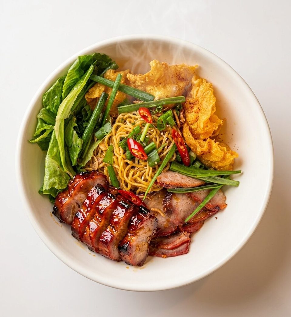 Steaming bowl of char siu noodles with wontons, green onions, chili, and lettuce.